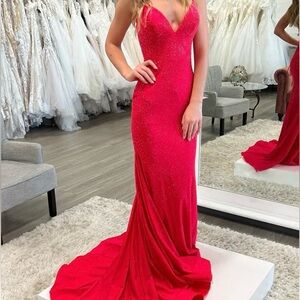 Kissprom red beaded sparkly mermaid v neck satin long prom dress size 2